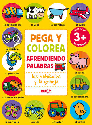Pega y colorea aprendiendo palabras - Los vehículos y la granja